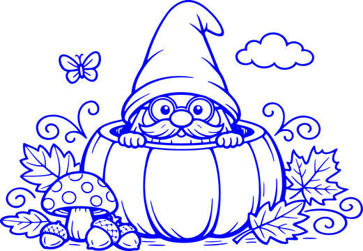 Cute autumn gnome peeks from a large pumpkin surrounded by mushrooms, acorns and fallen leaves in playful line art perfect for coloring pages, kids crafts, seasonal d&eacute;cor and harvest projects