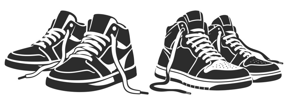 Black and White High Top Sneakers Pair Illustration.