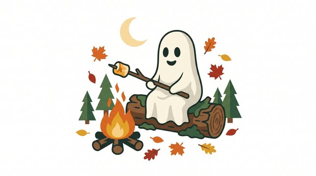 Cute Ghost Roasting Marshmallow by Campfire Halloween Vector Clipart