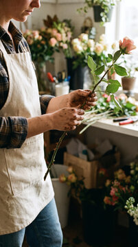 A female florist prepares rose stems in a bright indoor flower workshop, focused on floral arrangement work.