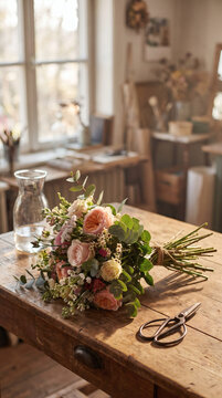 A freshly arranged flower bouquet rests on a rustic wooden table in a bright, cozy floral workshop, with scissors and a glass vase nearby. 