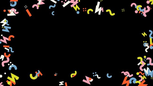 Abstract memphis style frame with colorful geometric shapes on a black background.