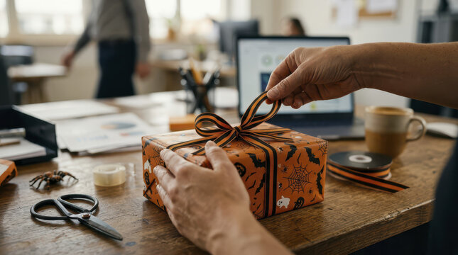 Halloween gift box ribbon bow office desk