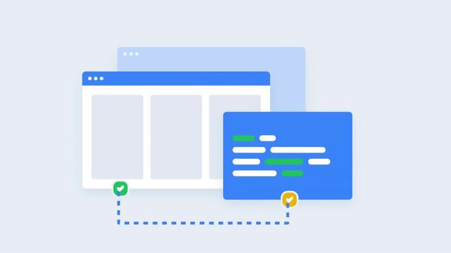 Abstract illustration of software development process with connected application windows and code snippets.