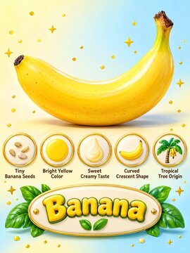 Banana kids flash card poster showing seed color taste shape origin labels and fruit fact cheerful 3D illustration