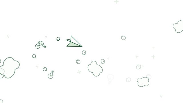 Minimalist hand drawn paper plane flying through simple outlined clouds and circles vector illustration.