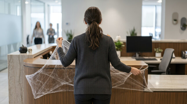 Halloween office decoration cobweb spider web reception desk woman modern workplace halloween office decoration during workday woman adding cobweb