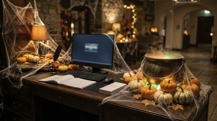 Obraz premium Halloween office desk computer cauldron pumpkin cobweb spooky decor Halloween office desk with computer cauldron pumpkin cobweb spooky decor warm