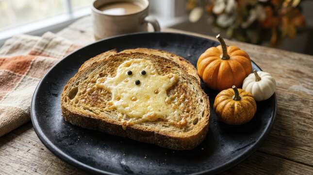 Halloween ghost toast cheese pumpkin coffee autumn breakfast rustic table window light halloween breakfast featuring ghost cheese toast with