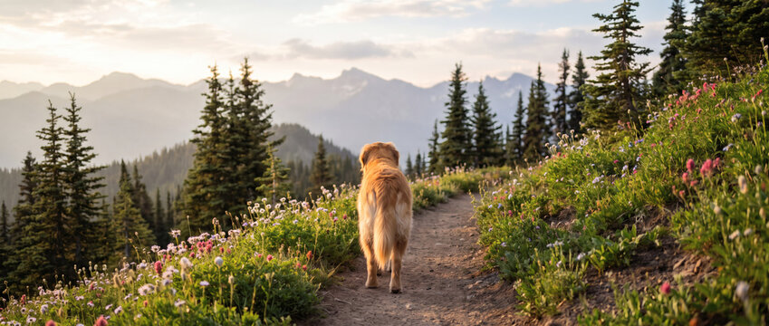 A golden retriever walks along a mountain trail lined with wildflowers, surrounded by pine trees and distant mountain peaks.