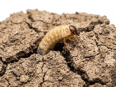 An insect larva emerges from cracked earth showcasing a detailed view of its segmented body grub beetle larval entomology macro wildlife nature zoology closeup segmentation