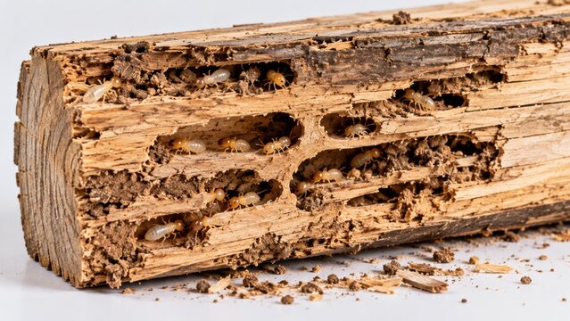 Termites infesting a piece of damaged wood showing tunnels and galleries carved into the timber by the insects. This close-up view highlights the destructive impact of wood-boring pests on structures.