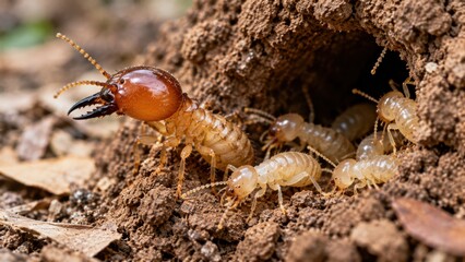 Fototapeta premium A soldier termite with a large brown head and dark mandibles stands guard at the entrance of a subterranean nest colony while worker termites emerge from the soil tunnel.