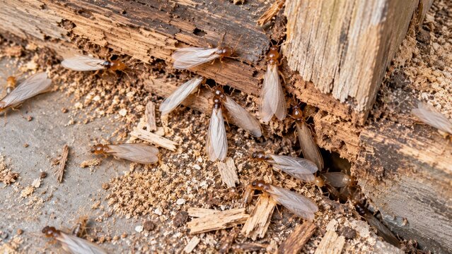 Swarming winged termites emerging from decaying wooden structure showing wood damage and debris on a concrete surface. These wood-destroying insects indicate a serious structural infestation problem.