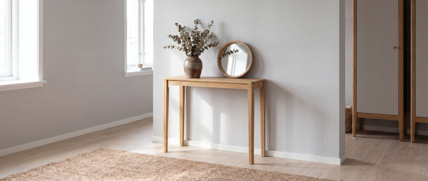 A minimalist wooden console table with decor sits in a bright, light-toned modern interior space.