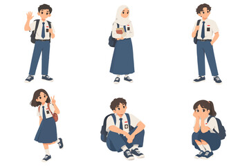 Fototapeta premium Indonesian Middle School Students Character Pose Set