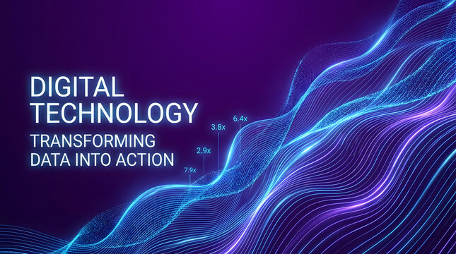 Digital Data Flow: Abstract representation of digital technology transforming data into action, visualized as flowing lines of light creating wave patterns against a dark purple background.