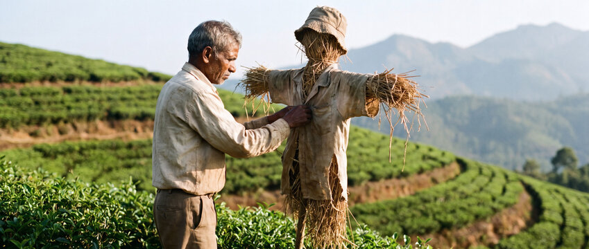 An elderly farmer adjusts a straw scarecrow in a lush, terraced tea plantation on a hillside.