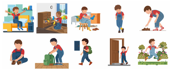 Fototapeta premium Collection of illustrations showing a little boy's daily morning routine from waking up and getting dressed to heading out for school and playing in the park.