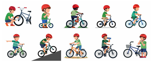 Obraz premium Set of vector illustrations of young boys riding bicycles with safety helmets