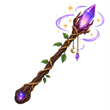 Enchanted Wizard Staff with Purple Crystal and Magical Sparkles