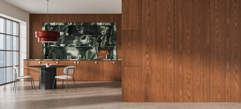 Contemporary wood kitchen interior with marble backsplash, dining table, pendant lighting, and refined architectural cabinetry design. 3D Rendering