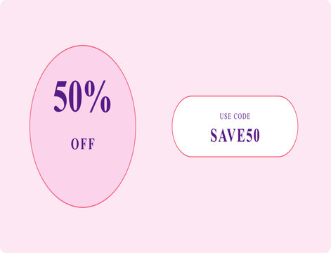 Pink 50% off promo discount banner vector, minimal sale coupon sticker design, promotional discount code template for shopping