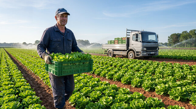 Farmer carries a crate of lettuce during harvest in a field, with a truck beside irrigation lines on a vegetable farm growing crops for agriculture.