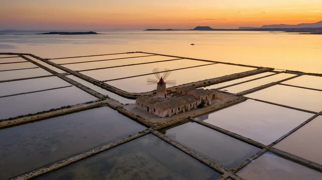 aerial view of stagnone lagoon in sicily italy at sunset light zoom out video