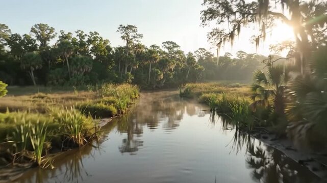 Aerial drone view of jacksonville florida skyline at sunrise over st johns river with lush tropical wetlands and morning mist