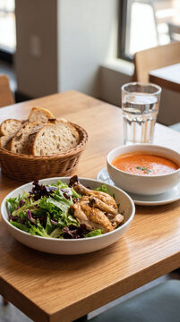 A neatly arranged dining set with grilled chicken salad, creamy soup, sliced bread and a glass of water on a wooden table.