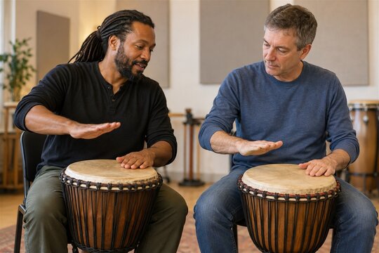 Percussion teacher showing beginner a rhythm on hand drums
