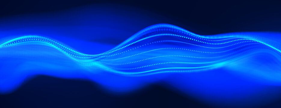 Abstract glowing blue waves with luminous dotted lines flowing across a deep background, futuristic energy and technology concept. 3D Rendering