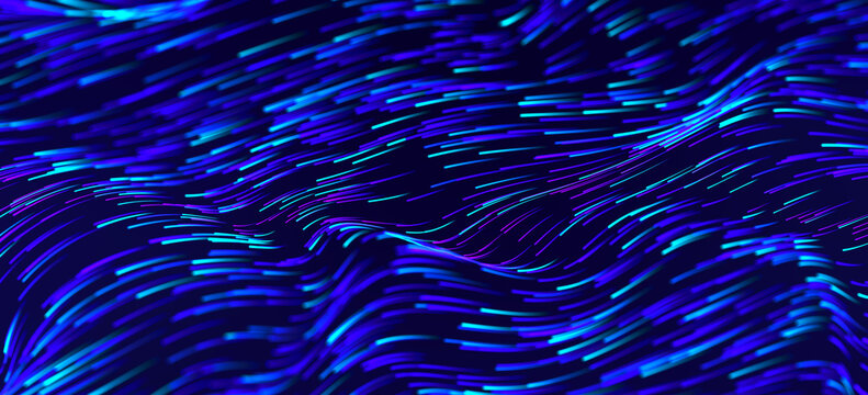 Abstract neon flowing light trails in blue and violet creating a dynamic futuristic digital background for technology and motion design. 3D Rendering