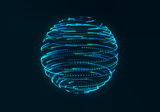 Abstract glowing digital sphere formed by cyan and blue dotted rings, futuristic technology network concept on a dark background. 3D Rendering