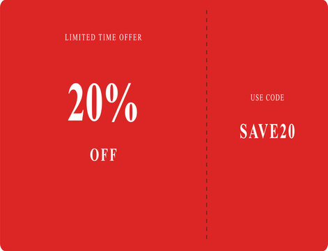 Red discount coupon ticket template, 20 percent off sale voucher, limited time promo code design for retail marketing