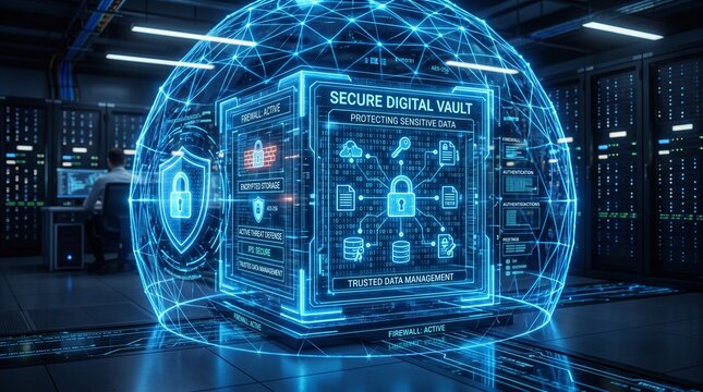 Secure digital vault protecting sensitive data, cybersecurity shield, encrypted storage, information protection, glowing blue technology, futuristic security system, trusted data management.