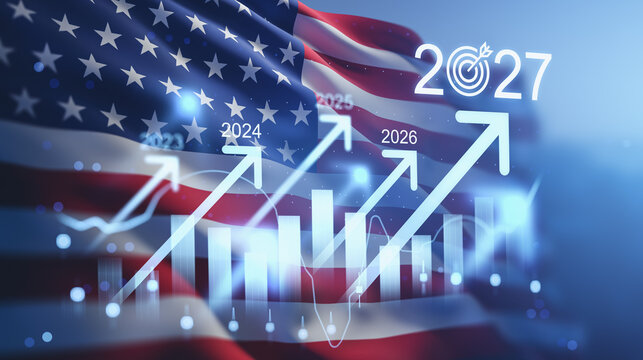 2027 economic forecast with rising growth arrows, financial charts, target symbol, and American flag background representing a new future year outlook. 3D Rendering