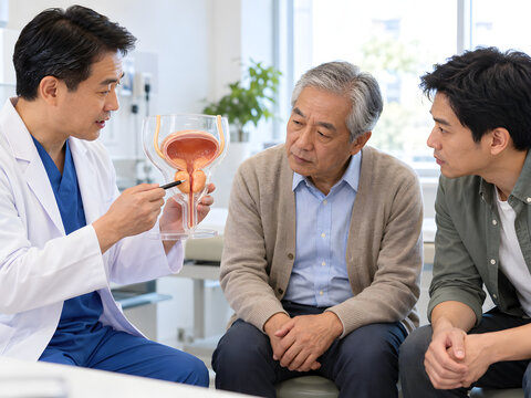 Urologist explaining benign prostatic hyperplasia using a urinary tract model to an older Asian man and adult son