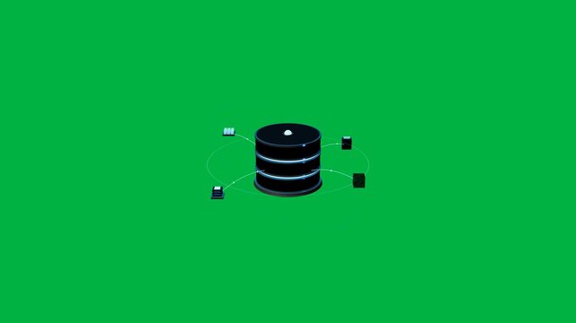 Photorealistic 3D database icon featuring stacked enterprise server storage cylinders, visible stored data blocks, spinning magnetic platters, and glowing data conduits on green screen.