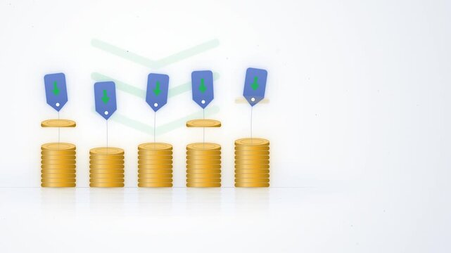 Inflation easing as coin stacks rebuild under price tags seamless loop