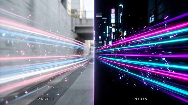 Vibrant Light Trails: A captivating split-screen visual showcasing the stark contrast between soft pastel light streaks on the left and intense neon trails on the right.