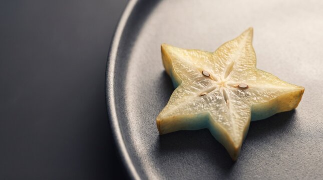 Fresh starfruit slice on a dark ceramic plate with copy space