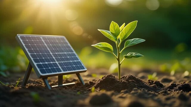Solar panel and growing tree in soil under warm sunlight, renewable energy concept