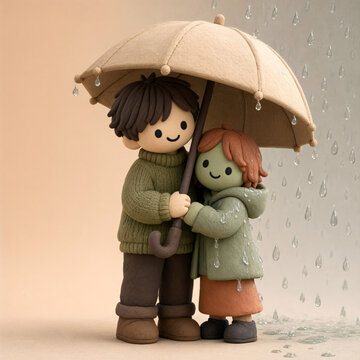 Clay boy sheltering a girl under his umbrella in the rain while getting wet himself, concept of kindness, sharing and selflessness