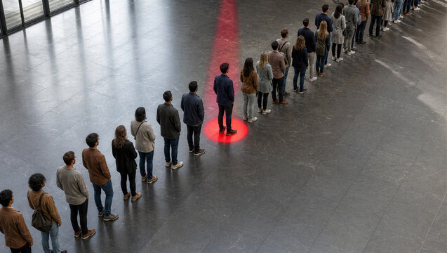 Man singled out by red spotlight in orderly queue of people, database false positive concept