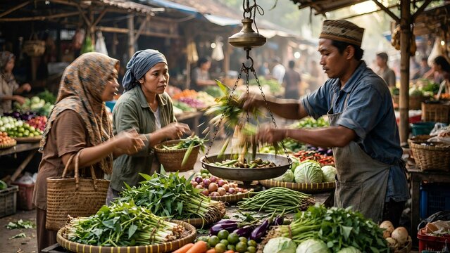 Indonesian traditional market scene with a male vendor wearing a peci weighing fresh vegetables on a vintage hanging scale for two female customers in hijabs among abundant fresh produce
