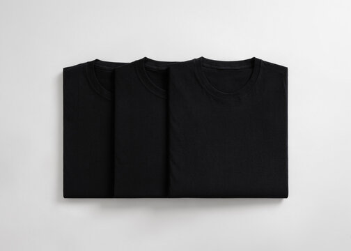 Three neatly folded black t shirts arranged in a row on a clean white background