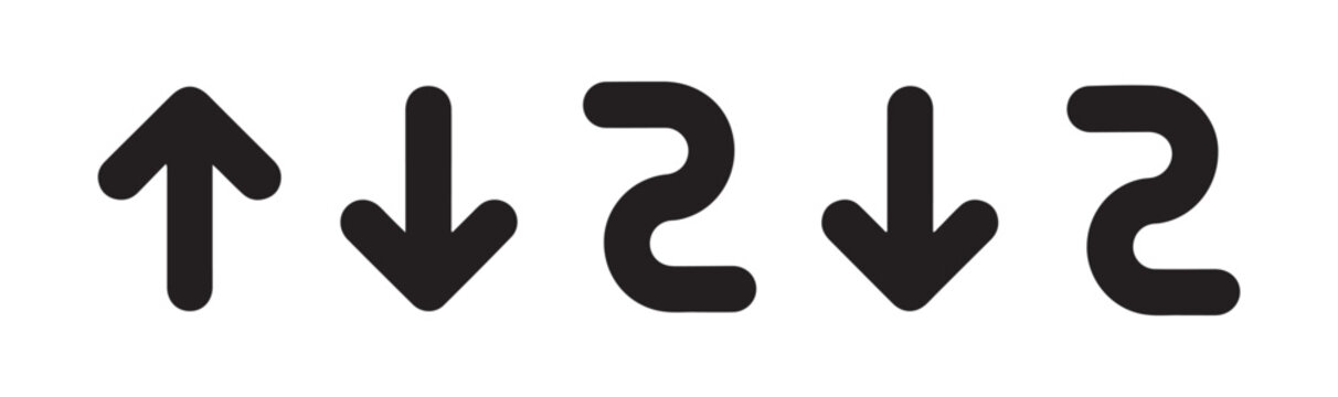 Round corner arrow icon set featuring vertical pointers and zig zag path symbols for mobile application layout.