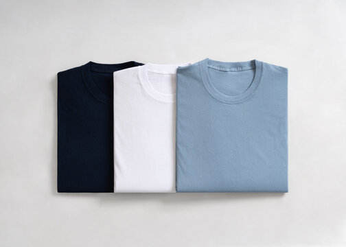 Three neatly folded cotton t-shirts in navy blue white and light blue laid flat on a neutral background